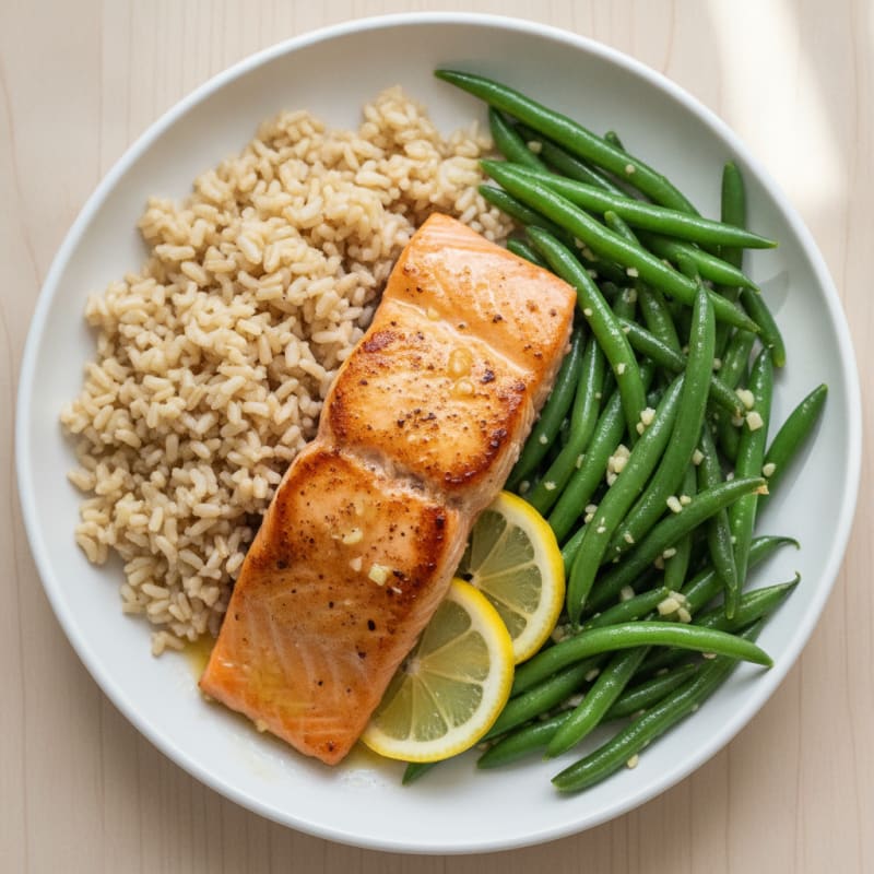 Seared Salmon with Garlic Green Beans and Brown Rice
