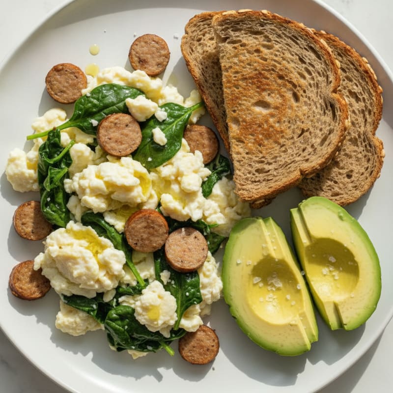 Egg White Spinach Scramble with Turkey Sausage