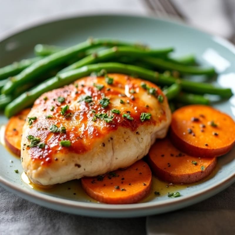 Maple-Dijon Glazed Chicken with Roasted Sweet Potatoes and Crispy Green Beans