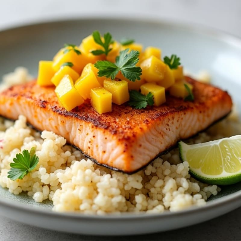 Crispy Pan-Seared Salmon with Mango Salsa and Coconut Cauliflower Rice