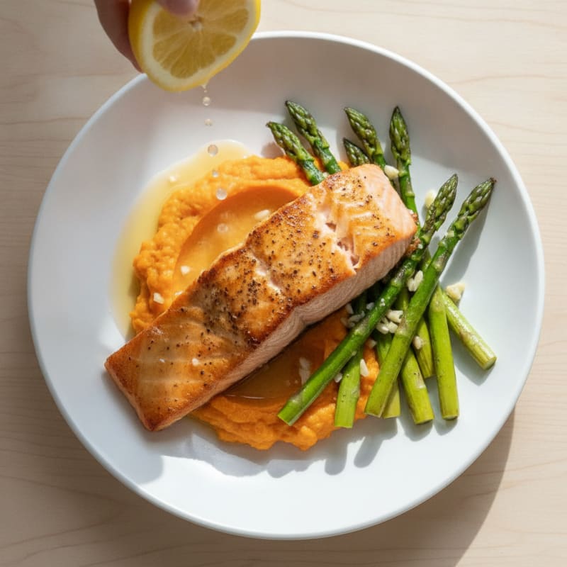 Seared Salmon Fillet with Roasted Asparagus and Sweet Potato Mash