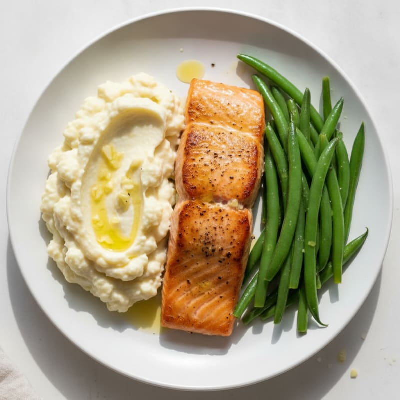 Seared Salmon with Steamed Green Beans and Garlic Mashed Cauliflower