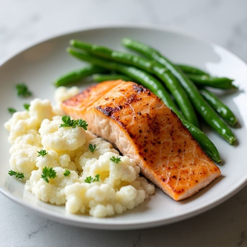 Seared Salmon with Steamed Green Beans and Garlic Mashed Cauliflower