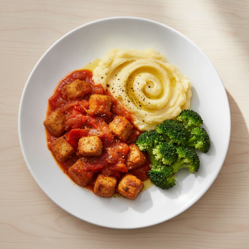 Soy Chunks with Pepper Sauce and Mashed Potatoes