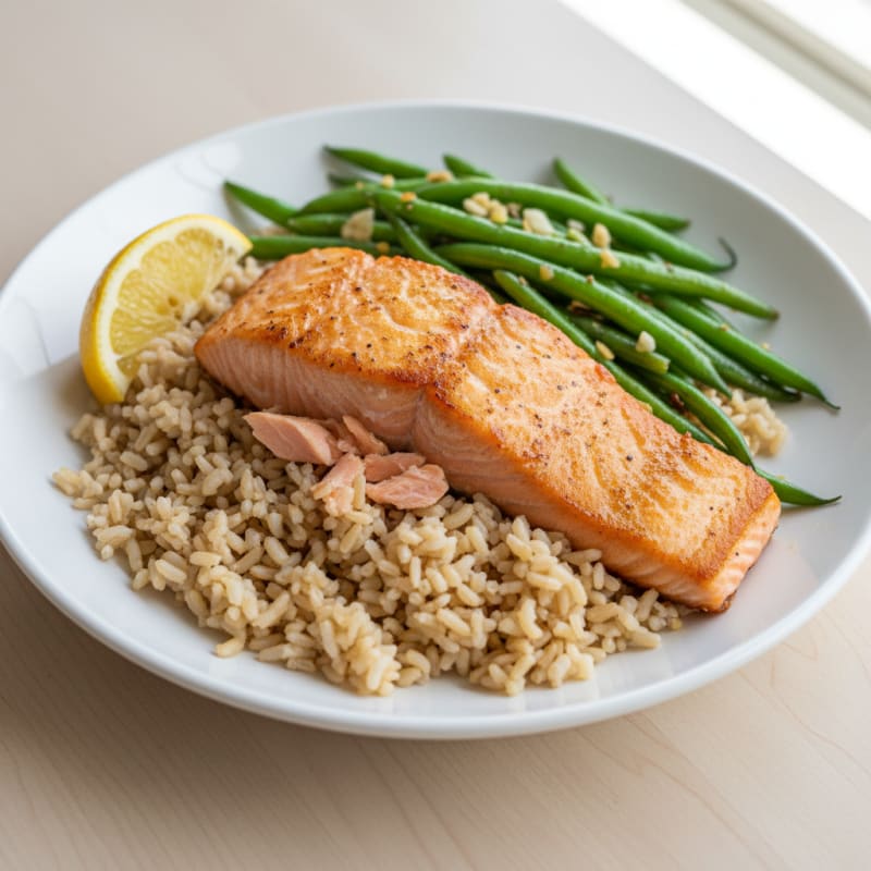 Seared Salmon with Garlic Green Beans and Brown Rice