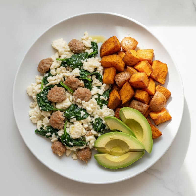 Egg White and Turkey Sausage Scramble with Spinach and Roasted Sweet Potatoes