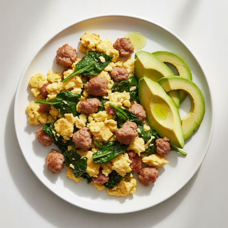 Scrambled Eggs with Turkey Sausage and Sautéed Spinach