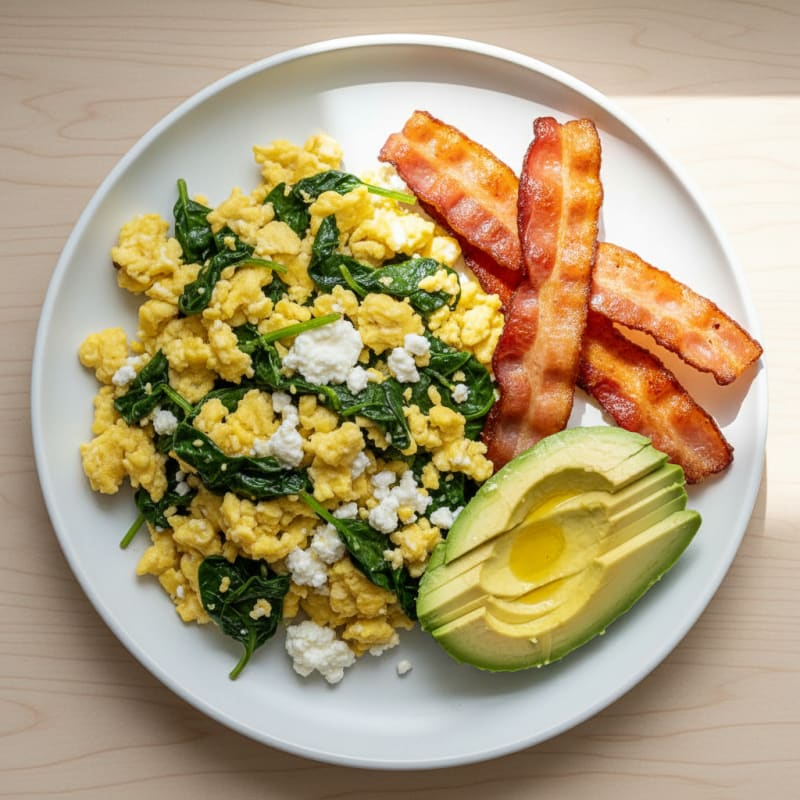 Cottage Cheese Egg Scramble with Spinach and Turkey Bacon