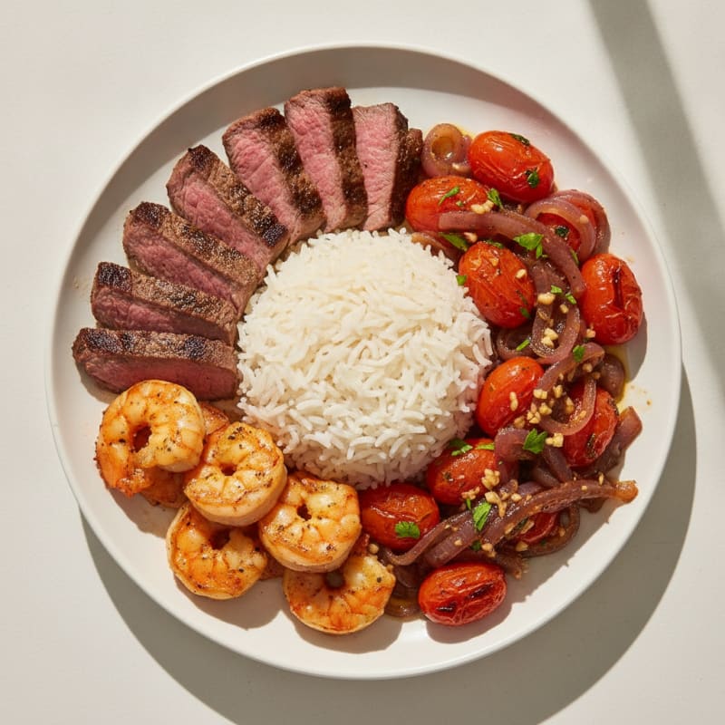 Seared Beef and Shrimp with Rice, Sautéed Tomato and Onion