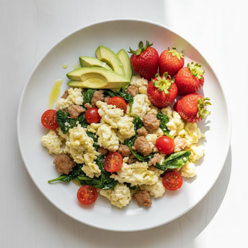 Egg White and Turkey Sausage Scramble with Spinach and Cherry Tomatoes