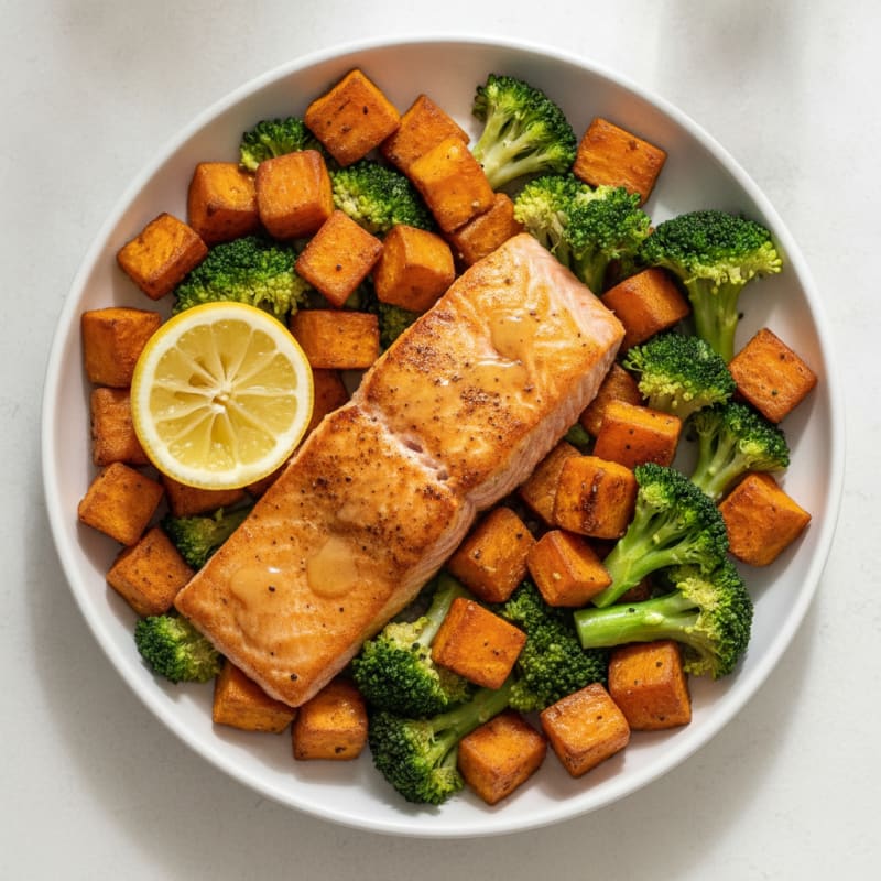 Pan-Seared Salmon with Roasted Sweet Potatoes and Steamed Broccoli