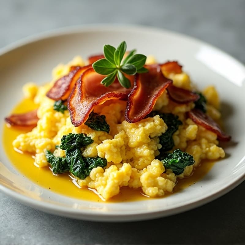 High-Protein Scrambled Eggs with Sautéed Spinach and Turkey Bacon