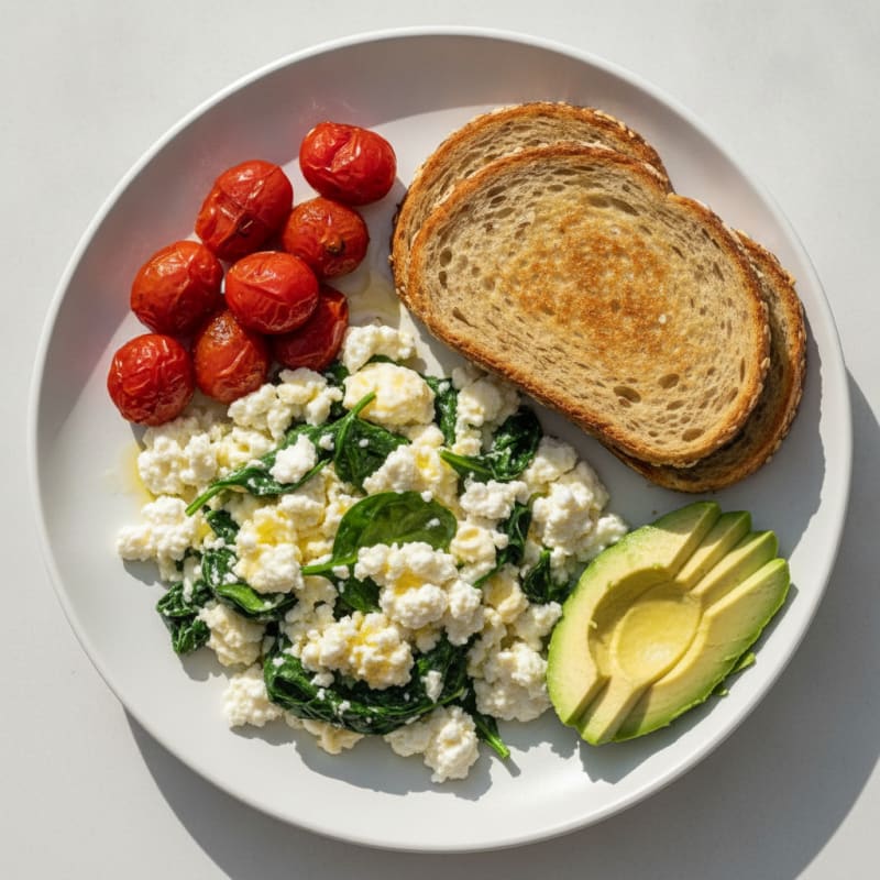 Egg White and Spinach Scramble with Cottage Cheese and Cherry Tomatoes
