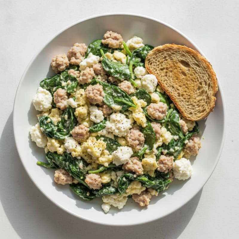 Egg White and Turkey Sausage Scramble with Cottage Cheese and Spinach
