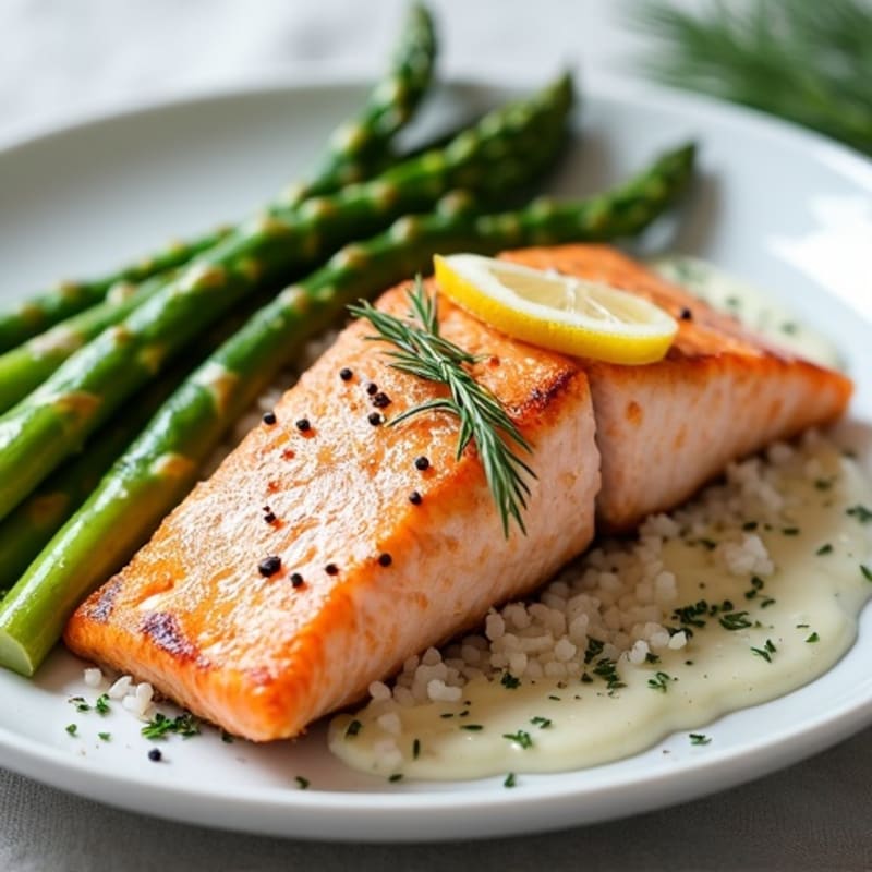 Seared Salmon Fillet with Steamed Asparagus, Brown Rice, and Lemon Dill Yogurt Sauce