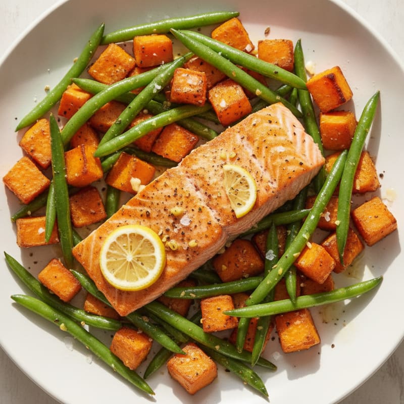 Pan-Seared Salmon with Roasted Sweet Potatoes and Green Beans