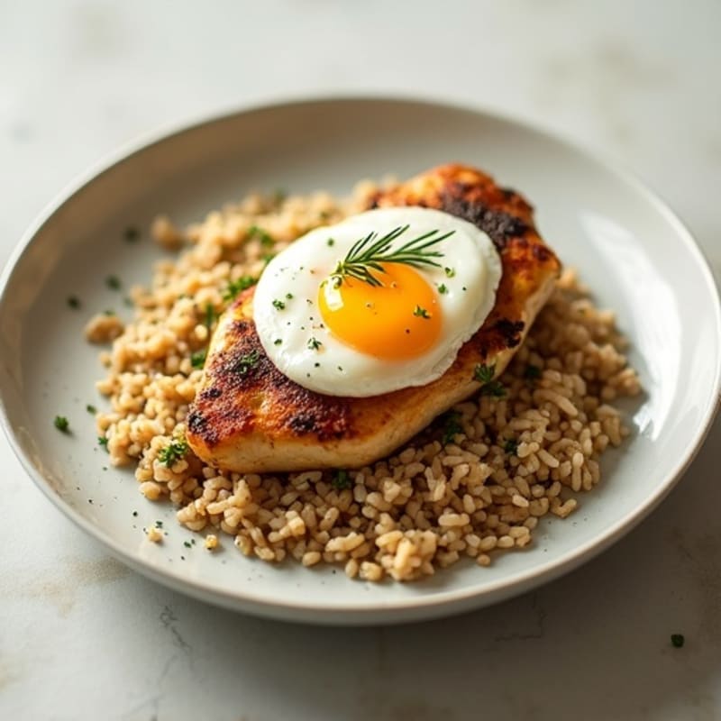 Lemon-Herb Roasted Chicken with Fluffy Brown Rice and Poached Egg