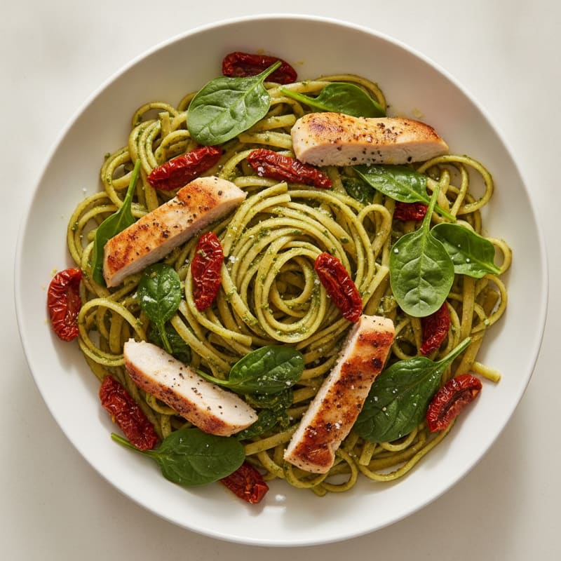 Pesto Chicken Linguine with Sun-Dried Tomatoes