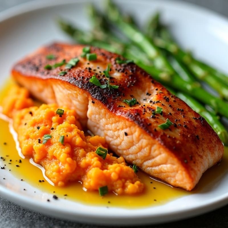 Seared Salmon with Steamed Asparagus and Sweet Potato Mash