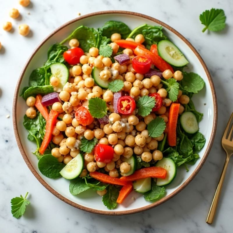 Crunchy Vegetable and Chickpea Power Salad with Creamy Lemon Tahini Dressing