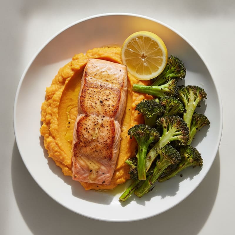 Seared Salmon with Roasted Broccoli and Sweet Potato Mash