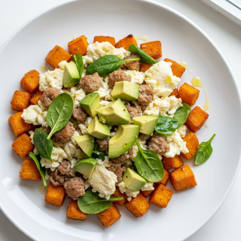Egg White Scramble with Turkey Sausage and Roasted Sweet Potatoes