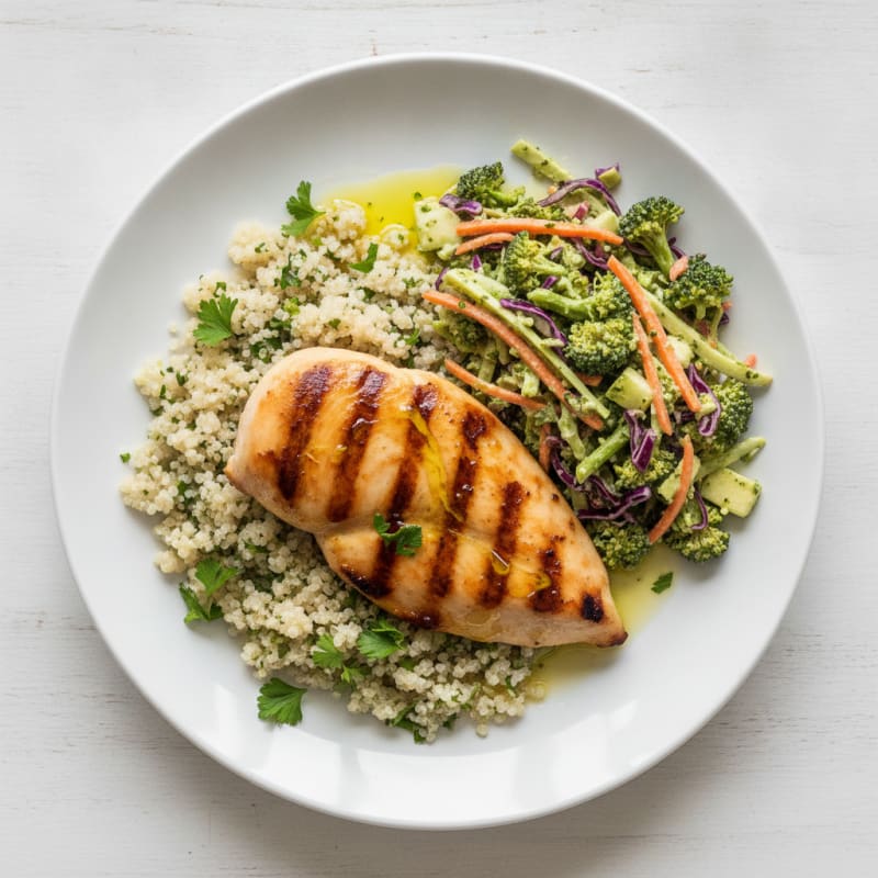 Grilled Chicken Breast with Quinoa and Crunchy Broccoli Slaw