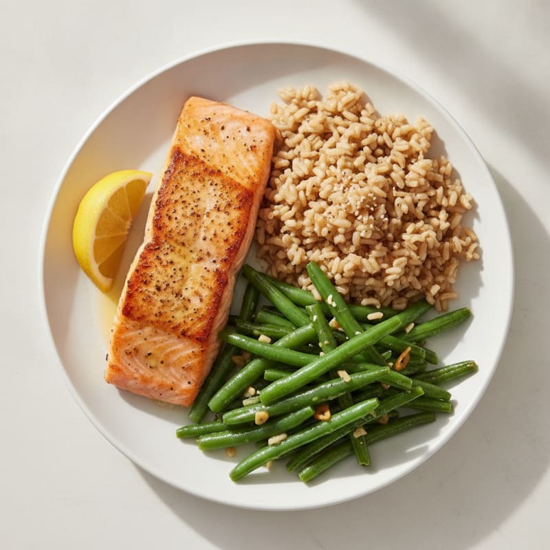 Seared Salmon with Garlic Green Beans and Brown Rice