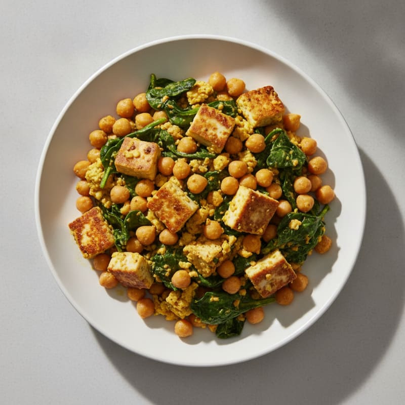 Silky Tofu Scramble with Sautéed Spinach and Chickpeas