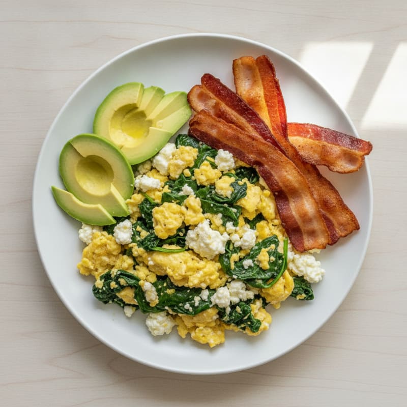 Cottage Cheese and Egg Scramble with Spinach and Turkey Bacon