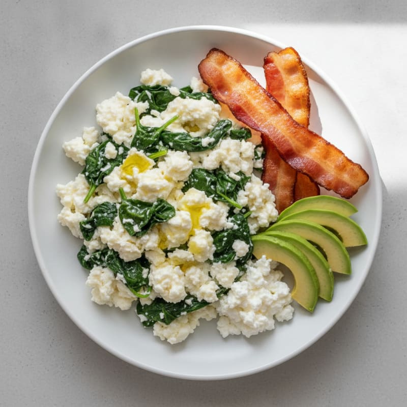Egg White and Spinach Scramble with Cottage Cheese and Turkey Bacon