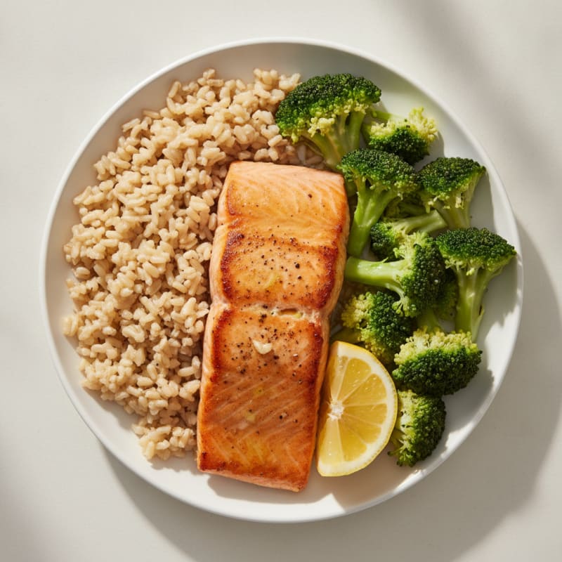 Seared Salmon with Steamed Broccoli and Brown Rice
