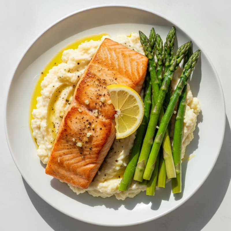 Seared Salmon with Steamed Asparagus and Cauliflower Mash