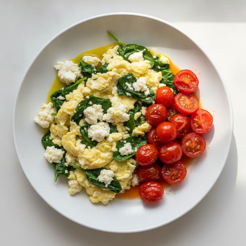 Egg White Spinach Scramble with Cottage Cheese and Cherry Tomatoes
