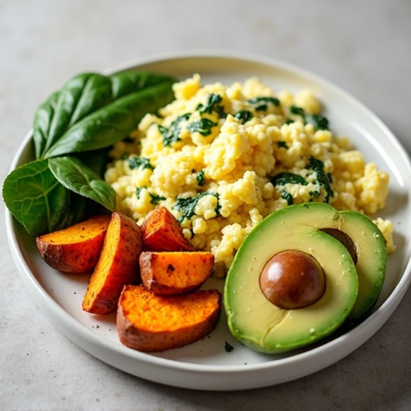 Fluffy Egg and Spinach Scramble with Roasted Sweet Potatoes and Avocado