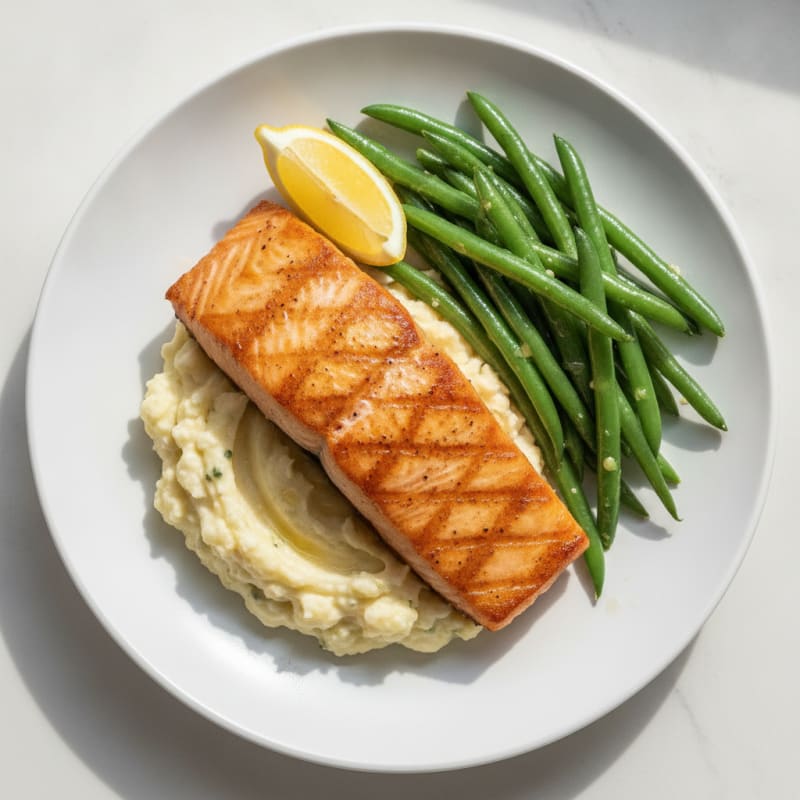 Seared Salmon with Steamed Green Beans and Garlic Mashed Cauliflower