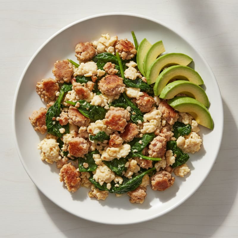 Egg White Scramble with Turkey Sausage and Sautéed Spinach