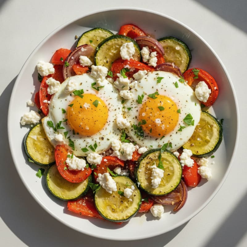 Baked Eggs with Roasted Vegetables and Feta