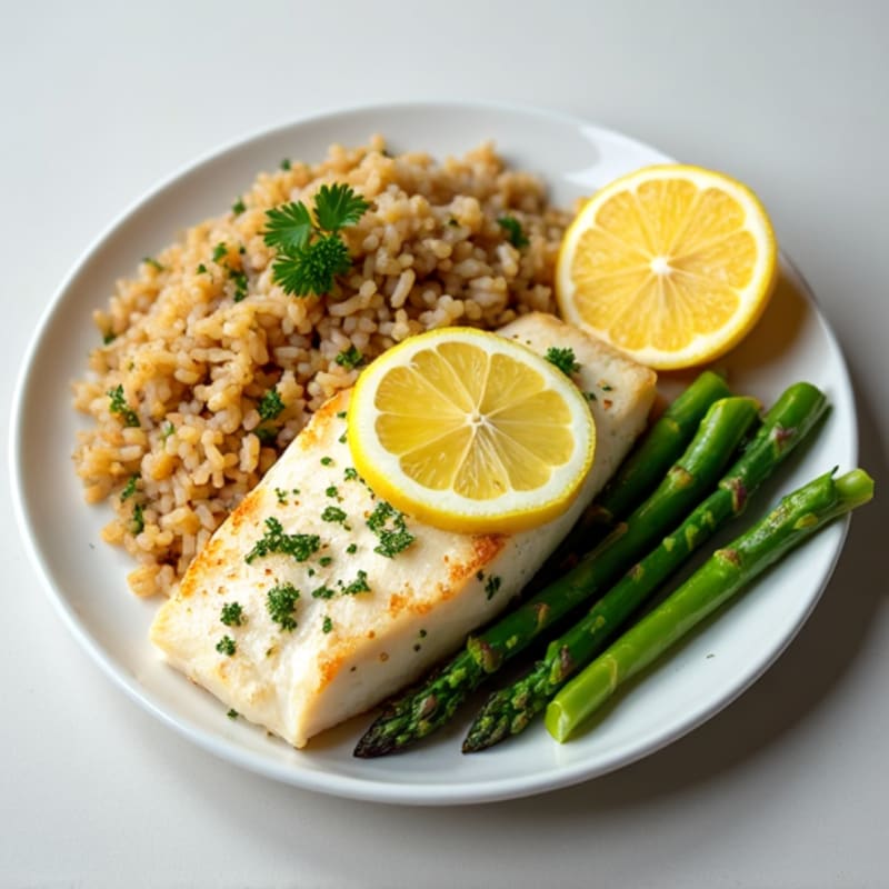 Lemon Herb Baked Cod with Brown Rice and Asparagus