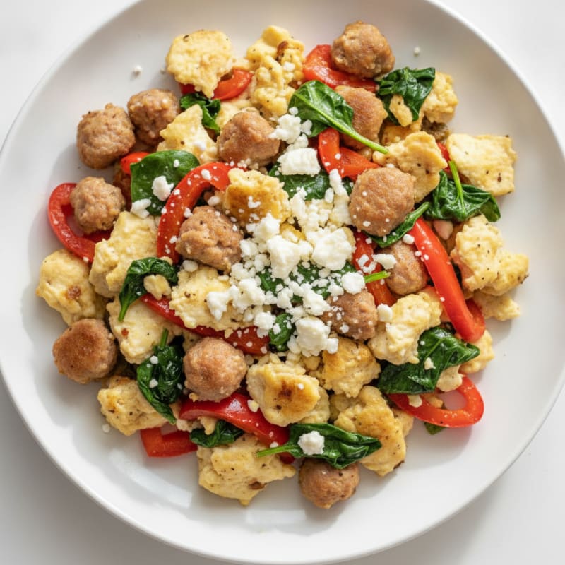 Egg White and Turkey Sausage Scramble with Spinach and Bell Peppers