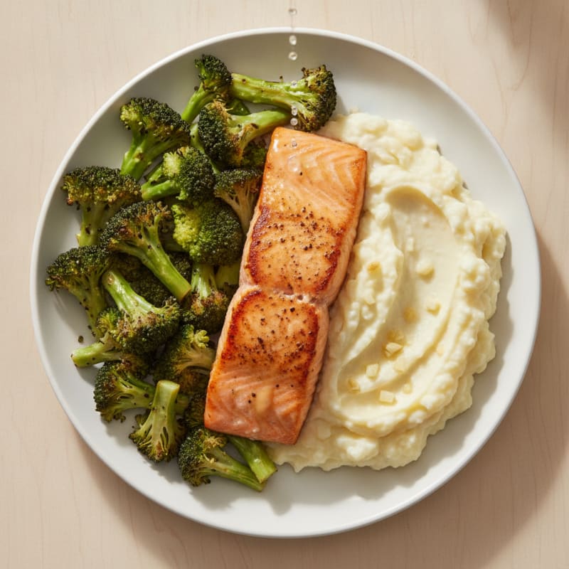Seared Salmon with Roasted Broccoli and Garlic Mashed Cauliflower