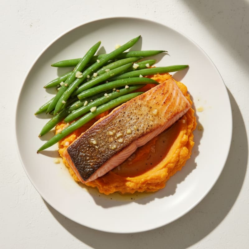 Seared Salmon with Garlic Green Beans and Sweet Potato Mash