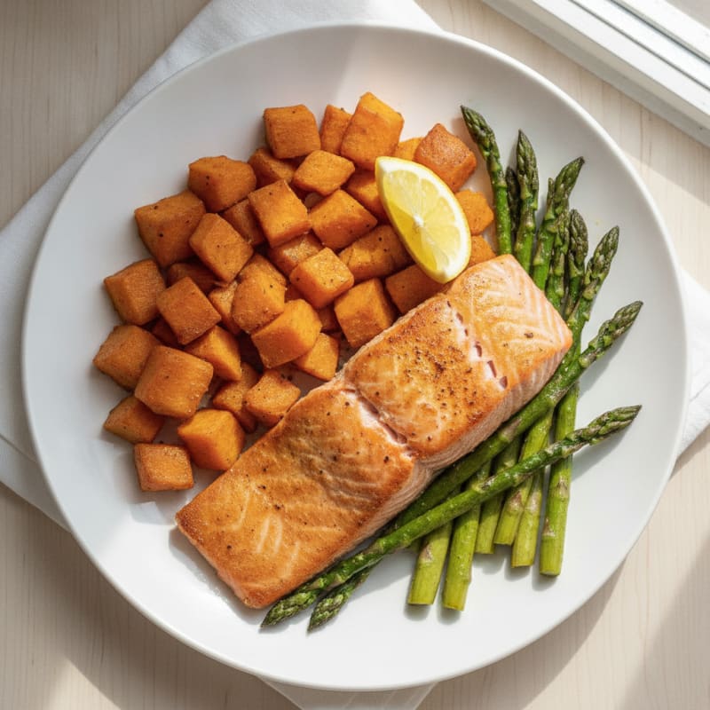 Seared Salmon with Roasted Sweet Potato and Asparagus