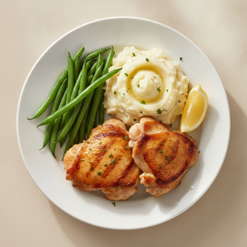 Seared Chicken Thighs with Garlic Mashed Potatoes and Steamed Green Beans