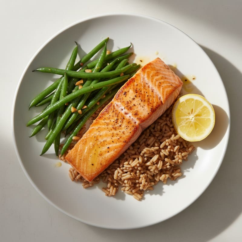 Seared Salmon with Garlic Green Beans and Brown Rice