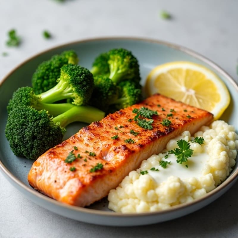 Seared Salmon Fillet with Steamed Broccoli and Garlic Cauliflower Mash