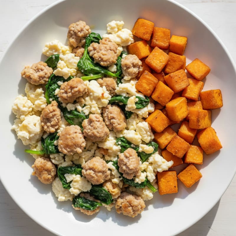 Egg White and Turkey Sausage Scramble with Spinach and Roasted Sweet Potato