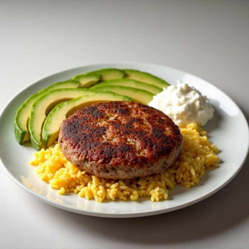Lean Beef Patty with Fluffy Basmati Rice, Creamy Avocado, and Cottage Cheese
