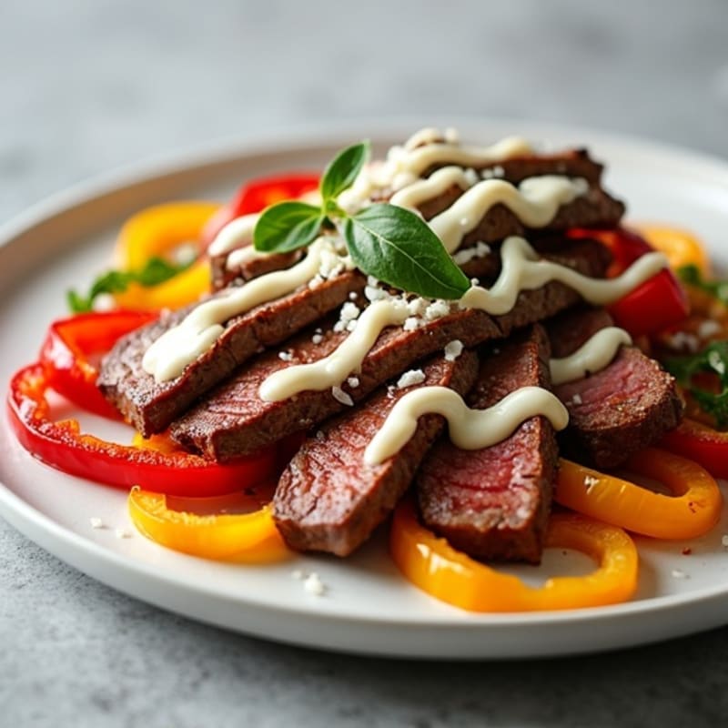 Seared Beef Strips with Sautéed Peppers and Onions, Creamy Cheese Drizzle
