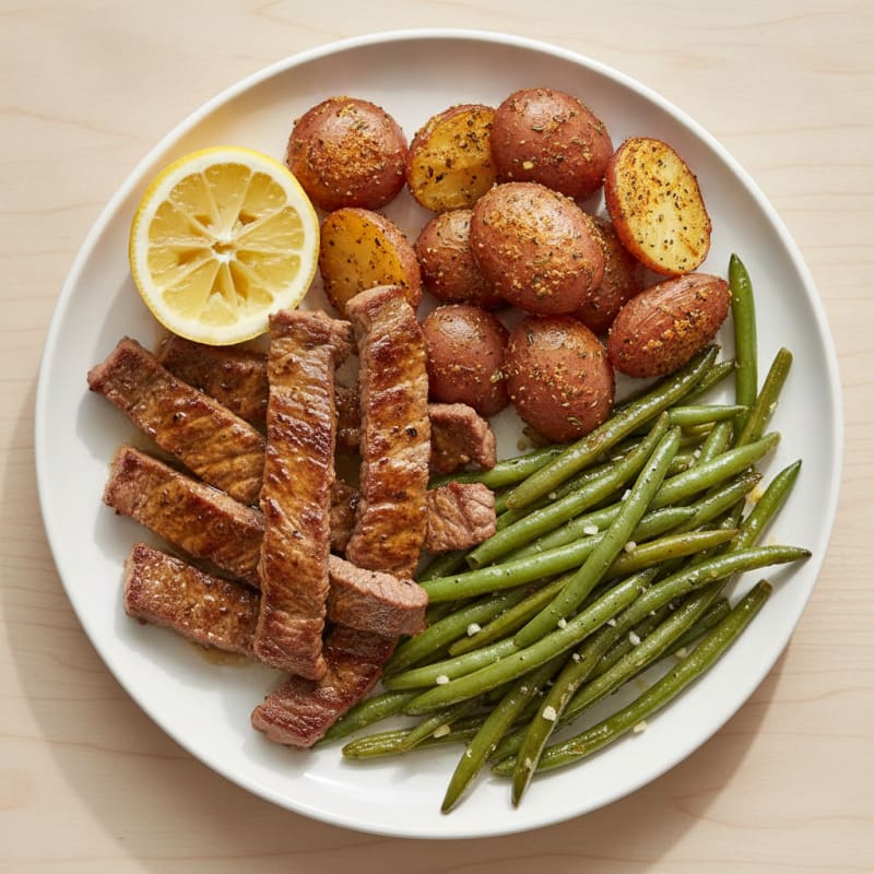 Seared Beef Strips with Roasted Potatoes and Sautéed Green Beans